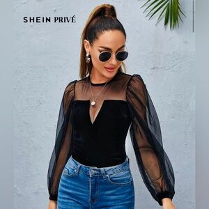 SHEIN Black Sheer Lantern Sleeve Blouse